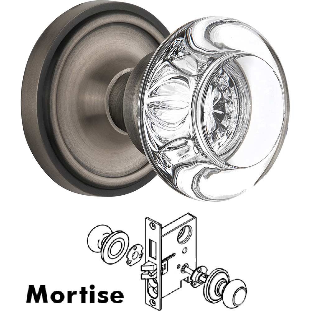 Nostalgic Warehouse Mortise - Classic Rose with Round Clear Crystal Knob in Antique Pewter