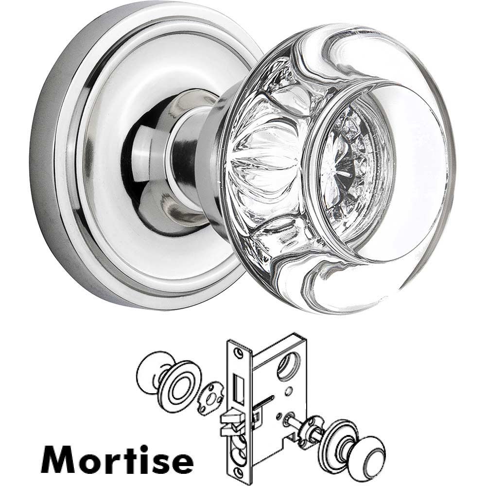 Nostalgic Warehouse Mortise - Classic Rose with Round Clear Crystal Knob in Bright Chrome