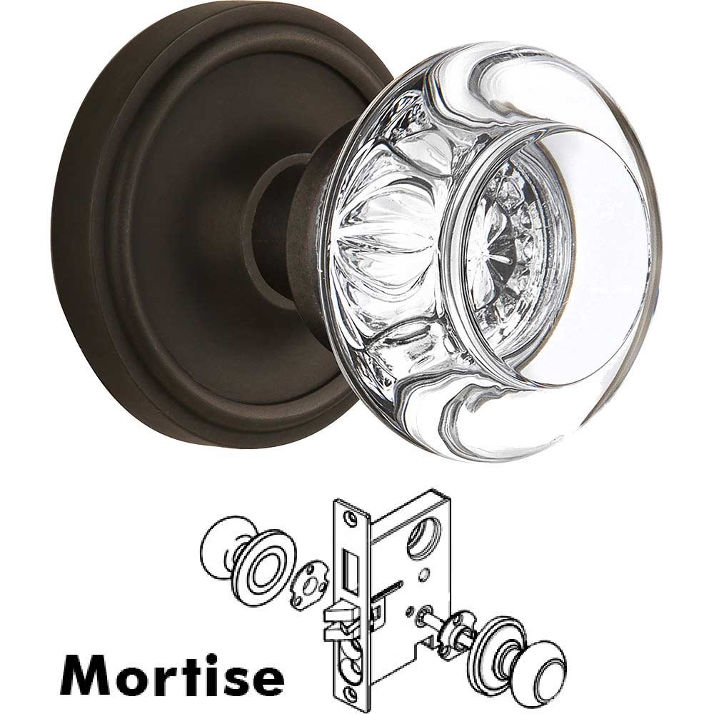Nostalgic Warehouse Mortise - Classic Rose with Round Clear Crystal Knob in Oil Rubbed Bronze