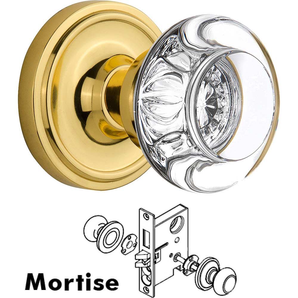 Nostalgic Warehouse Mortise - Classic Rose with Round Clear Crystal Knob in Polished Brass