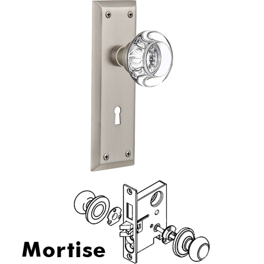 Nostalgic Warehouse Mortise - New York Plate with Round Clear Crystal Knob with Keyhole in Satin Nickel