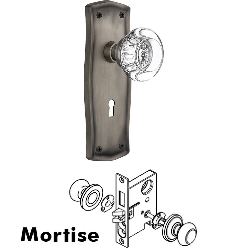 Nostalgic Warehouse Mortise - Prairie Plate with Round Clear Crystal Knob with Keyhole in Antique Pewter