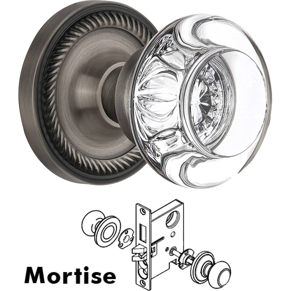 Nostalgic Warehouse Mortise - Rope Rose with Round Clear Crystal Knob in Antique Pewter