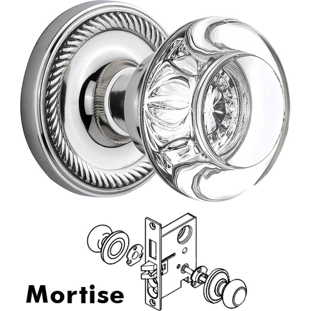 Nostalgic Warehouse Mortise - Rope Rose with Round Clear Crystal Knob in Bright Chrome