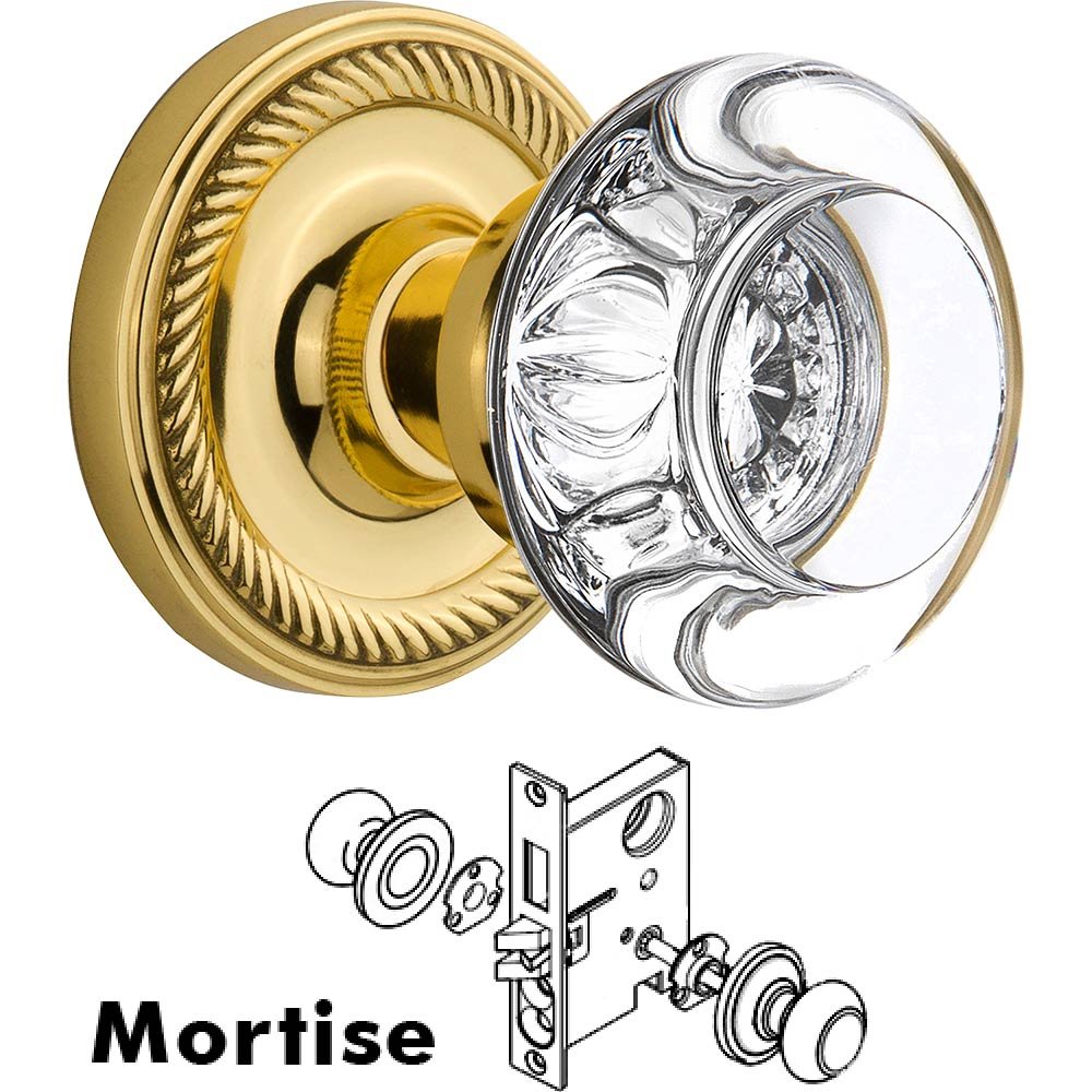 Nostalgic Warehouse Mortise - Rope Rose with Round Clear Crystal Knob in Polished Brass