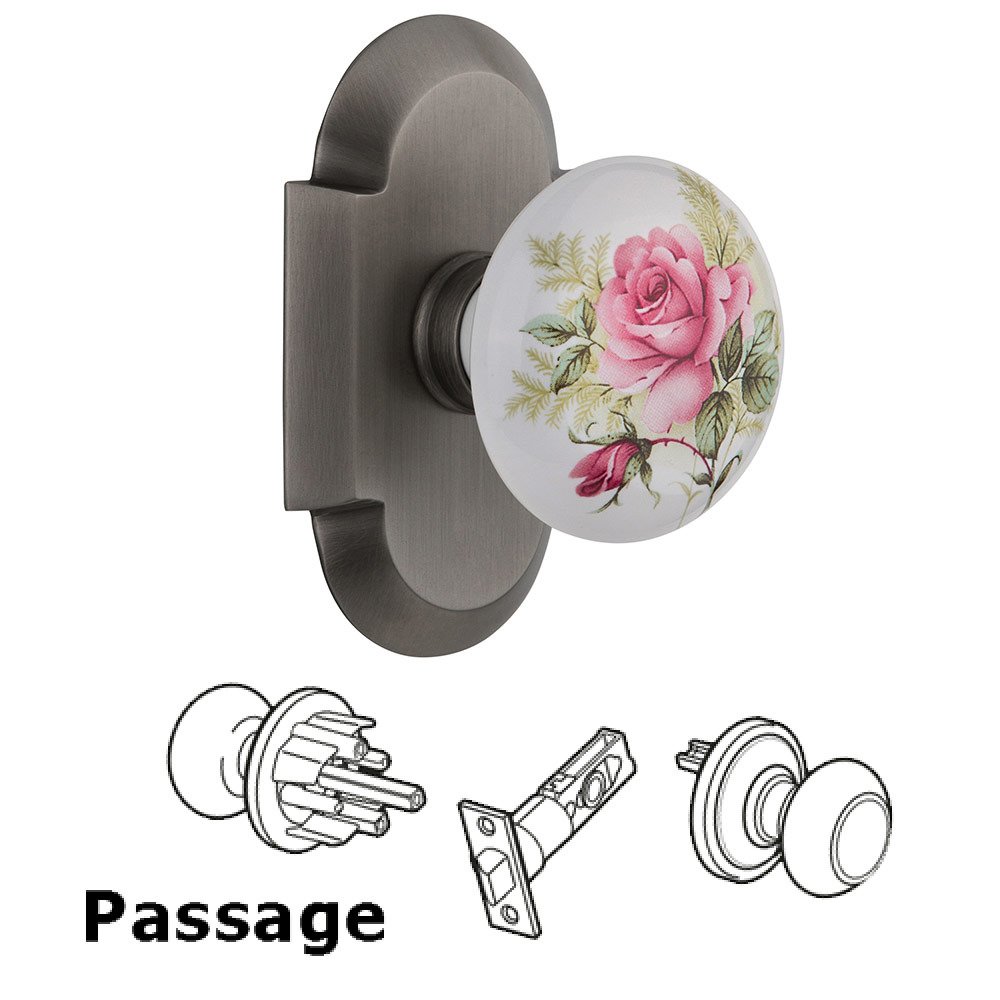 Nostalgic Warehouse Passage Cottage Plate with White Rose Porcelain Knob in Antique Pewter