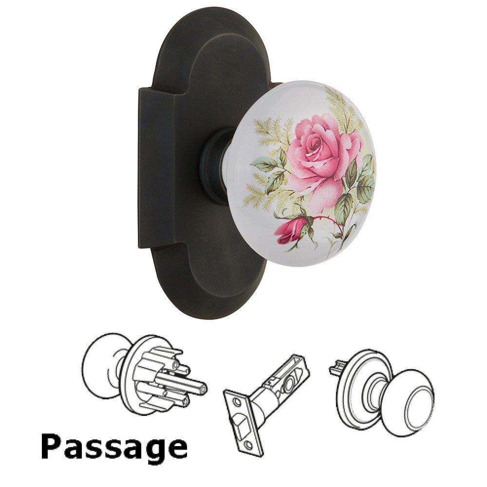 Nostalgic Warehouse Passage Cottage Plate with White Rose Porcelain Knob in Oil Rubbed Bronze