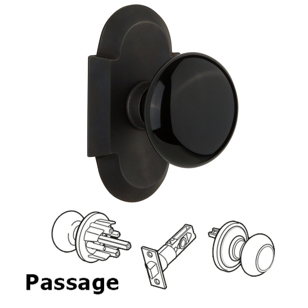 Nostalgic Warehouse Passage Cottage Plate with Black Porcelain Knob in Oil Rubbed Bronze