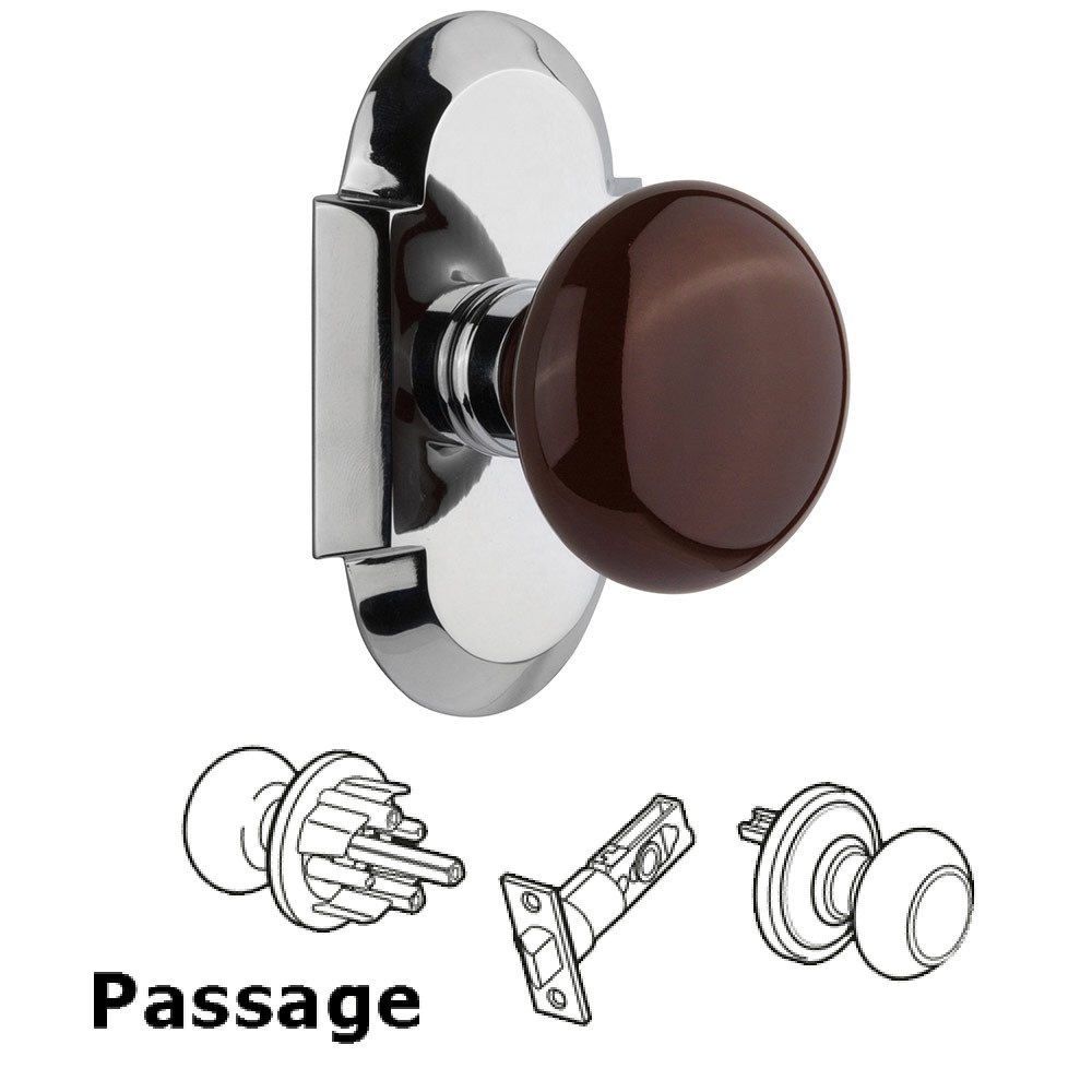 Nostalgic Warehouse Passage Cottage Plate with Brown Porcelain Knob in Bright Chrome