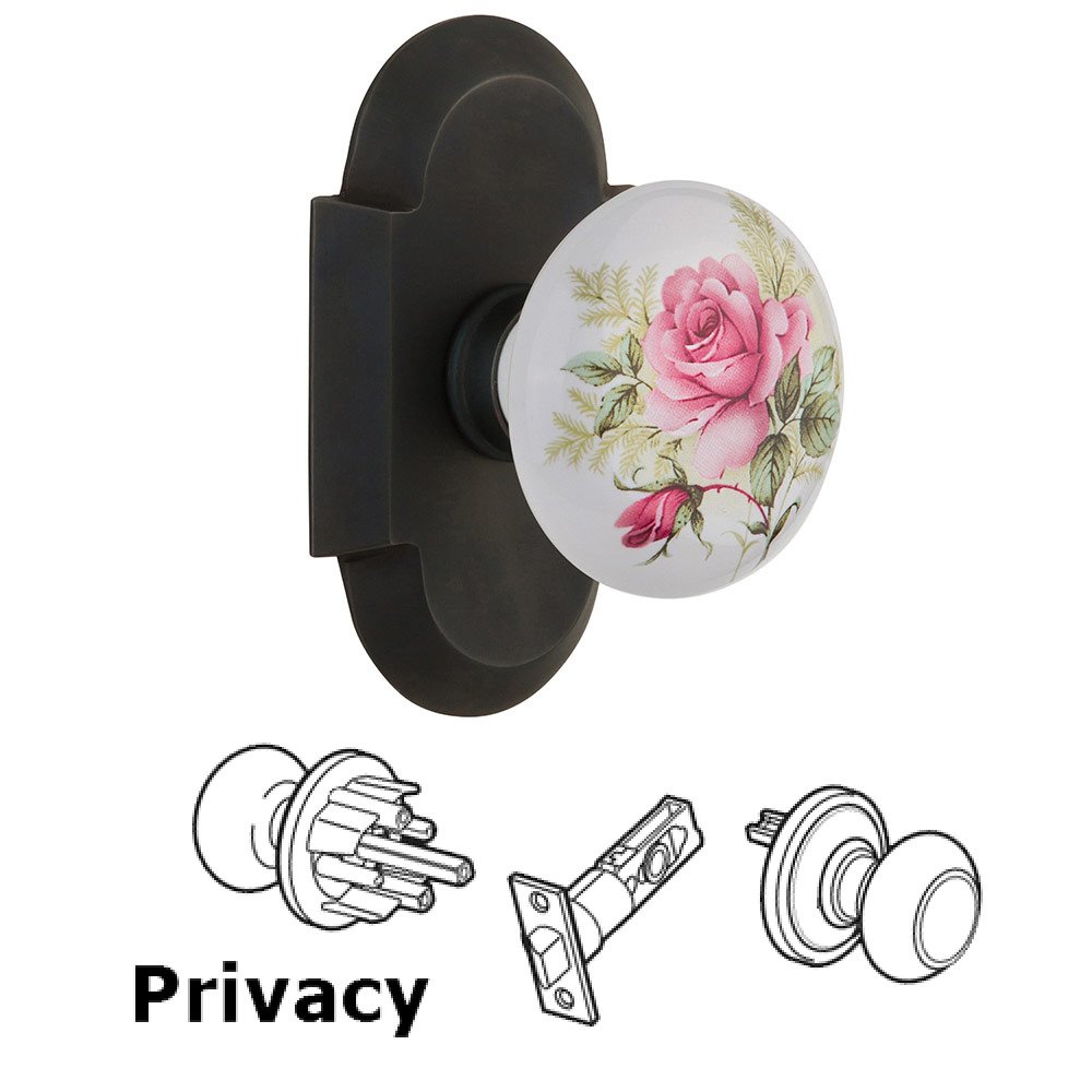 Nostalgic Warehouse Privacy Cottage Plate with White Rose Porcelain Knob in Oil Rubbed Bronze