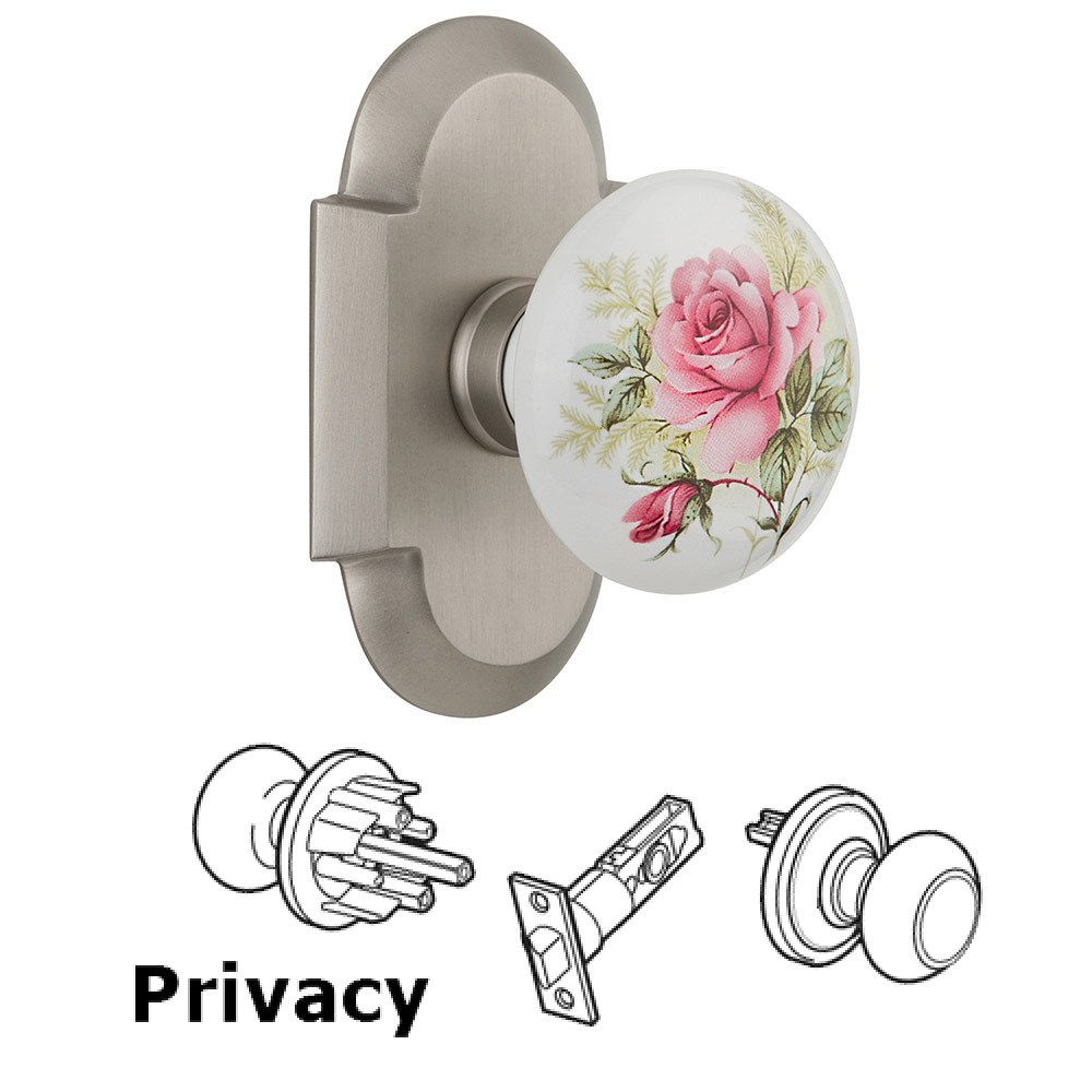 Nostalgic Warehouse Privacy Cottage Plate with White Rose Porcelain Knob in Satin Nickel