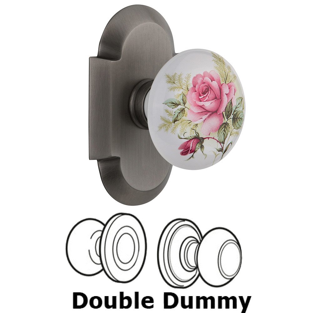 Nostalgic Warehouse Double Dummy Cottage Plate with White Rose Porcelain Knob in Antique Pewter