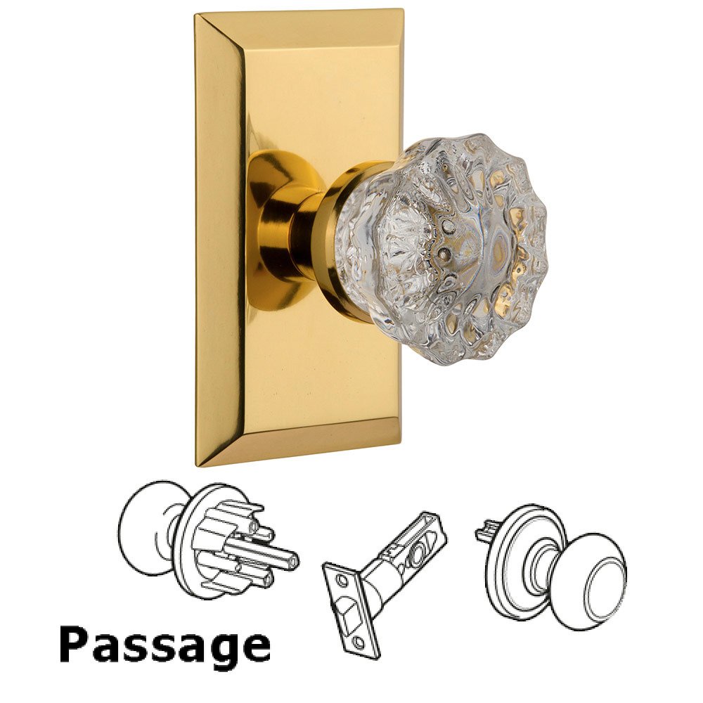 Nostalgic Warehouse Passage Studio Plate with Crystal Knob in Polished Brass