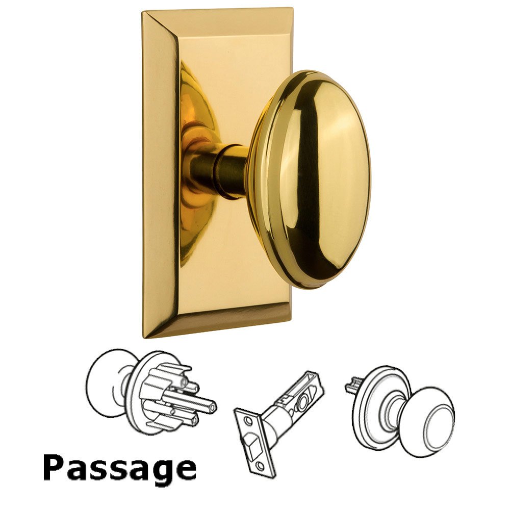 Nostalgic Warehouse Passage Studio Plate with Homestead Knob in Polished Brass