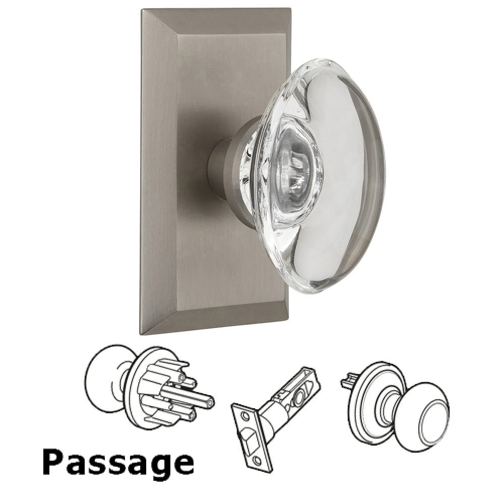 Nostalgic Warehouse Passage Studio Plate with Oval Clear Crystal Knob in Satin Nickel