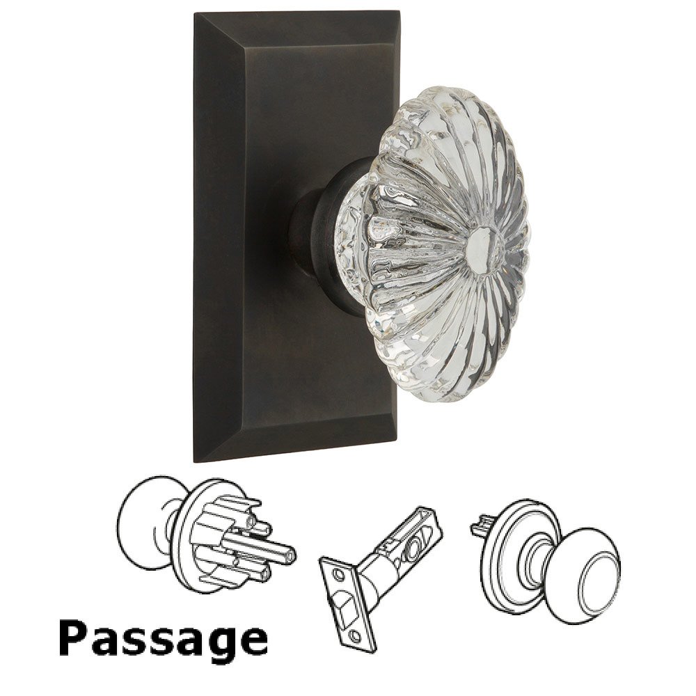 Nostalgic Warehouse Passage Studio Plate with Oval Fluted Crystal Knob in Oil Rubbed Bronze