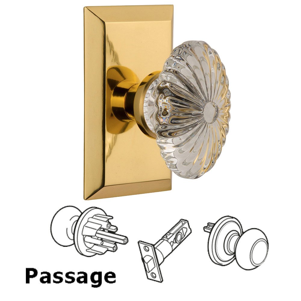 Nostalgic Warehouse Passage Studio Plate with Oval Fluted Crystal Knob in Polished Brass