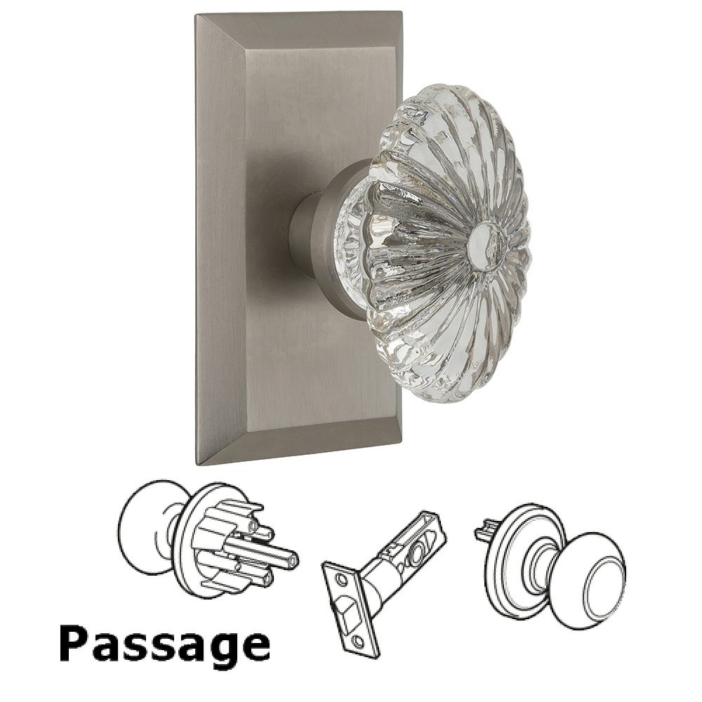 Nostalgic Warehouse Passage Studio Plate with Oval Fluted Crystal Knob in Satin Nickel