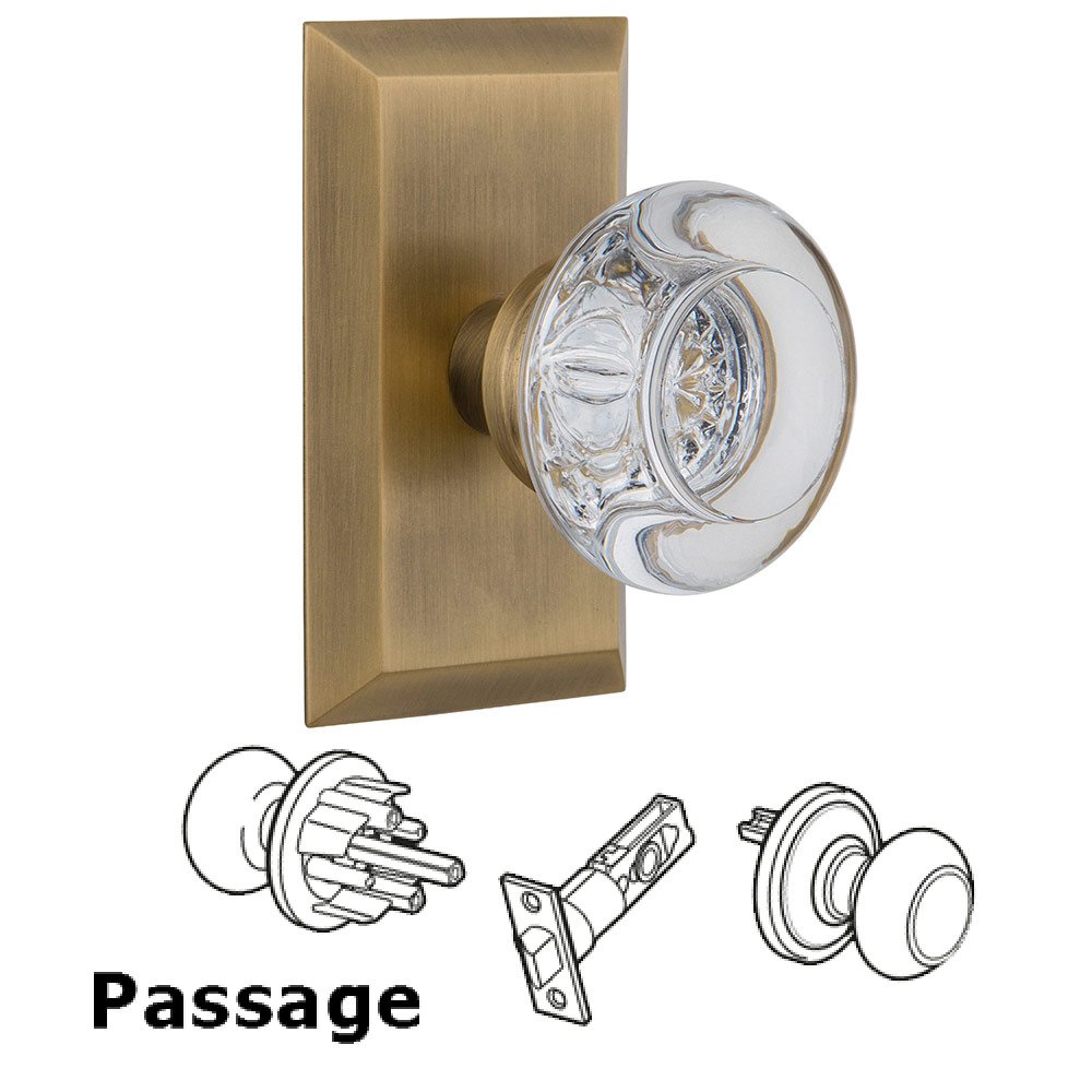 Nostalgic Warehouse Passage Studio Plate with Round Clear Crystal Knob in Antique Brass