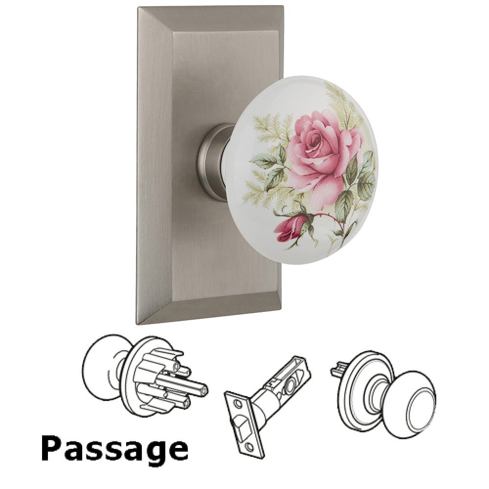 Nostalgic Warehouse Passage Studio Plate with White Rose Porcelain Knob in Satin Nickel