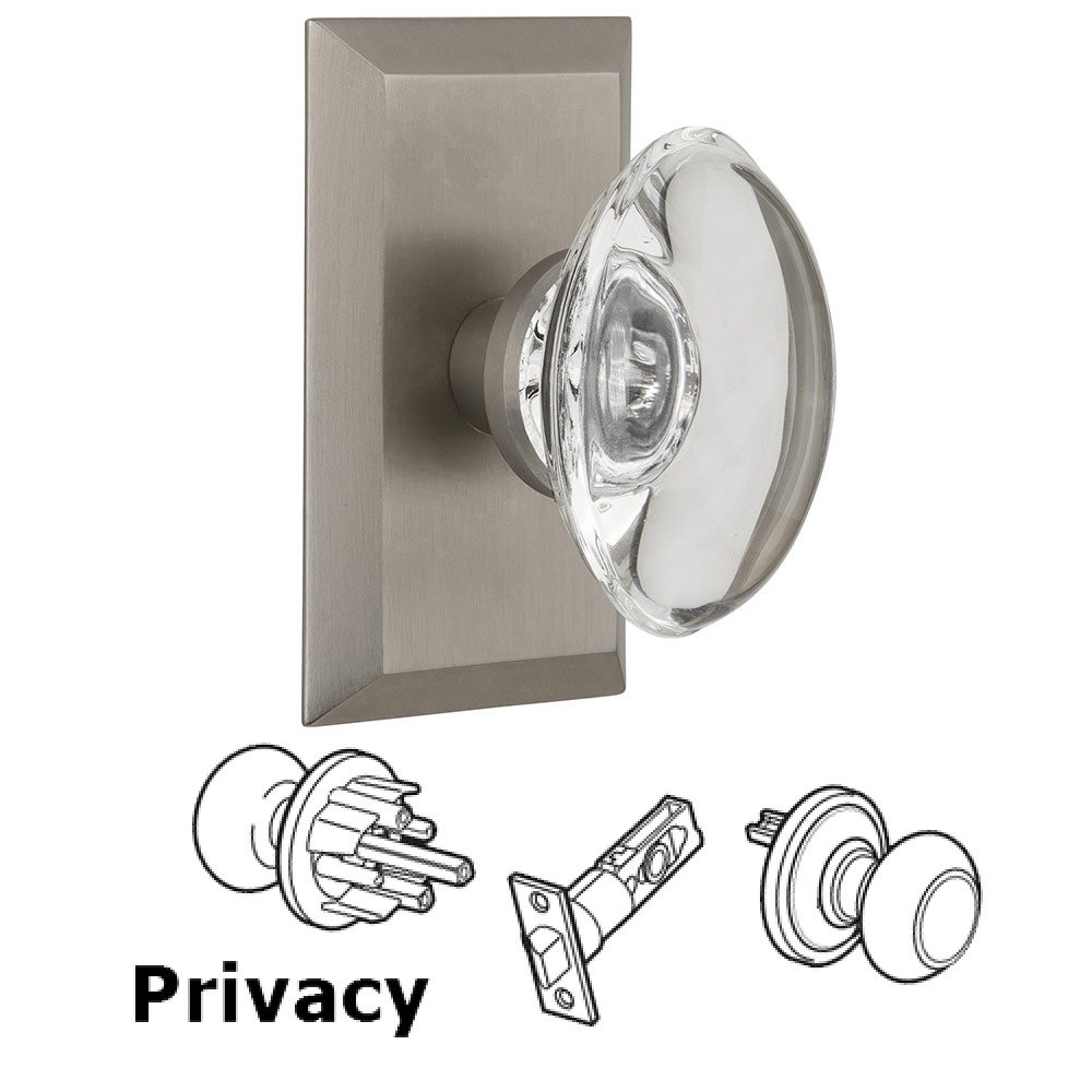 Nostalgic Warehouse Privacy Studio Plate with Oval Clear Crystal Knob in Satin Nickel