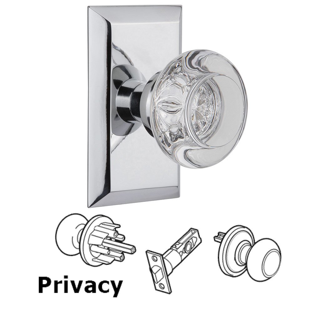 Nostalgic Warehouse Privacy Studio Plate with Round Clear Crystal Knob in Bright Chrome