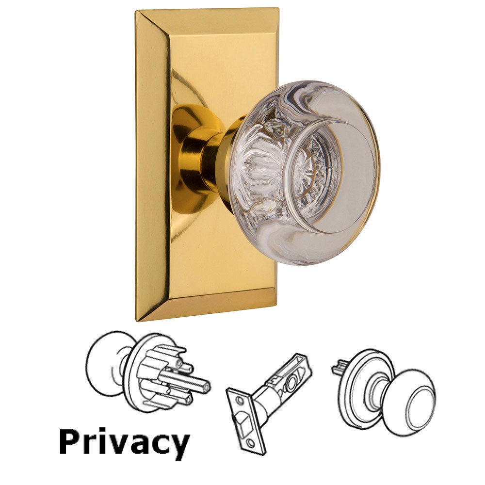 Nostalgic Warehouse Privacy Studio Plate with Round Clear Crystal Knob in Polished Brass
