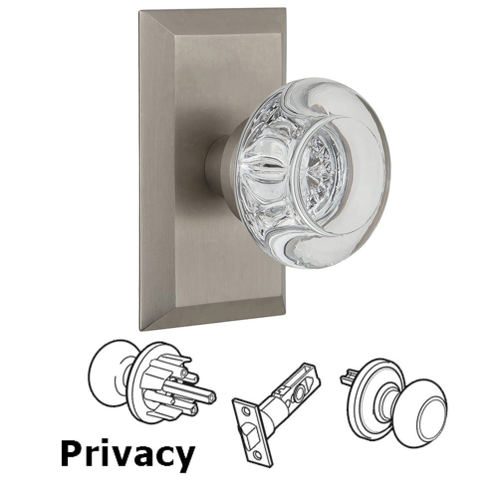 Nostalgic Warehouse Privacy Studio Plate with Round Clear Crystal Knob in Satin Nickel