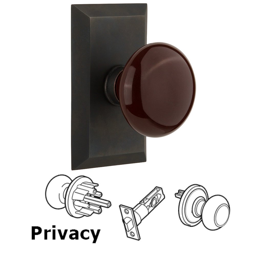 Nostalgic Warehouse Privacy Studio Plate with Brown Porcelain Knob in Oil Rubbed Bronze