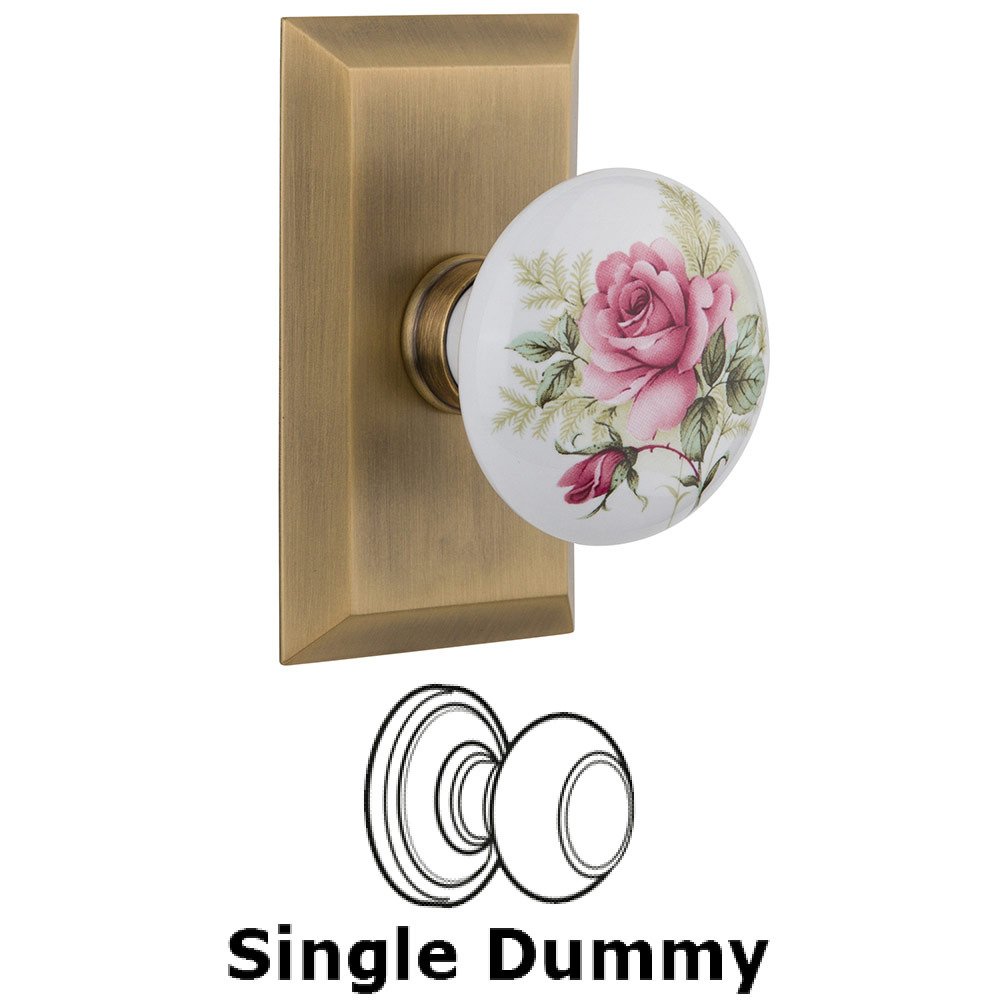 Nostalgic Warehouse Single Dummy Studio Plate with White Rose Porcelain Knob in Antique Brass