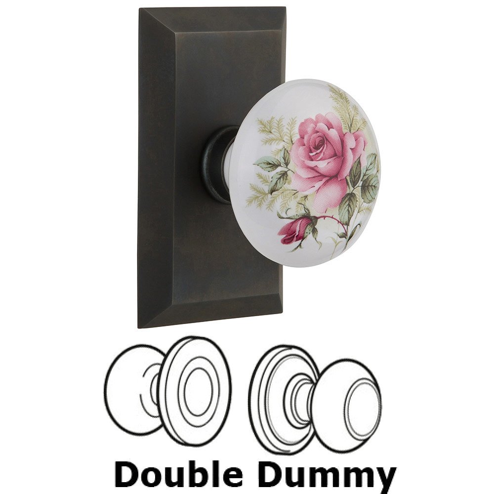 Nostalgic Warehouse Double Dummy Studio Plate with White Rose Porcelain Knob in Oil Rubbed Bronze