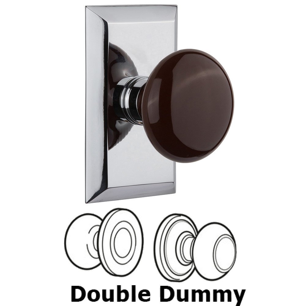 Nostalgic Warehouse Double Dummy Studio Plate with Brown Porcelain Knob in Bright Chrome