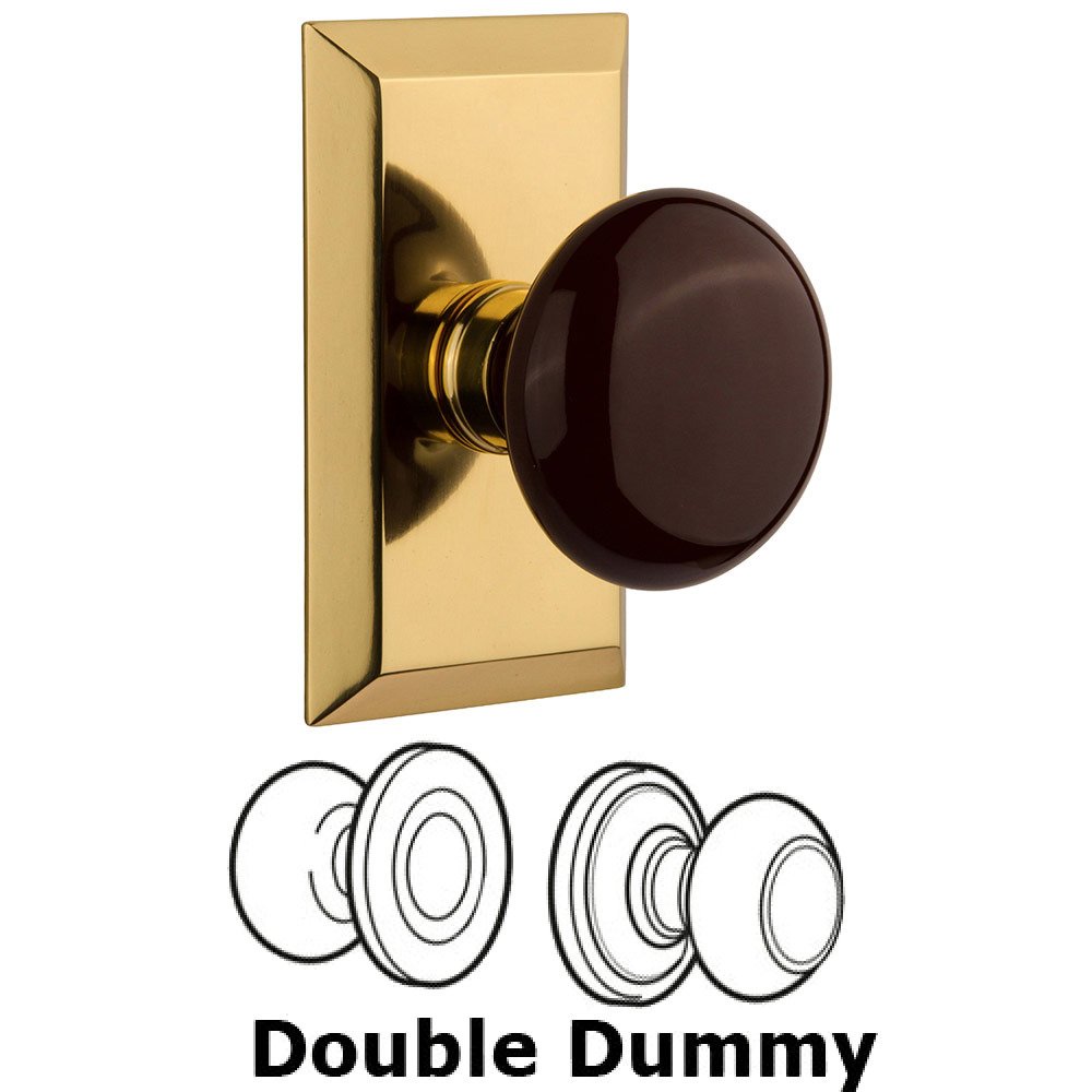 Nostalgic Warehouse Double Dummy Studio Plate with Brown Porcelain Knob in Polished Brass