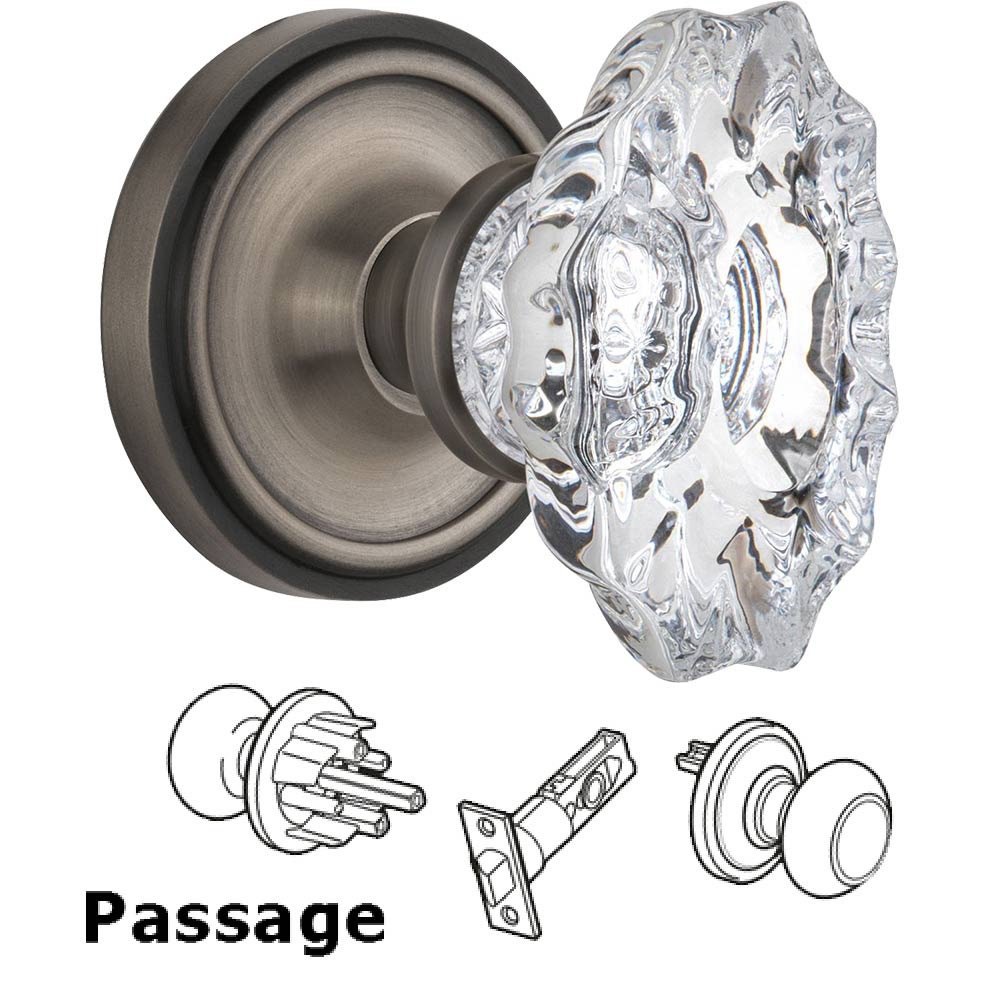 Nostalgic Warehouse Full Passage Set Without Keyhole - Classic Rosette with Chateau Crystal Knob in Antique Pewter