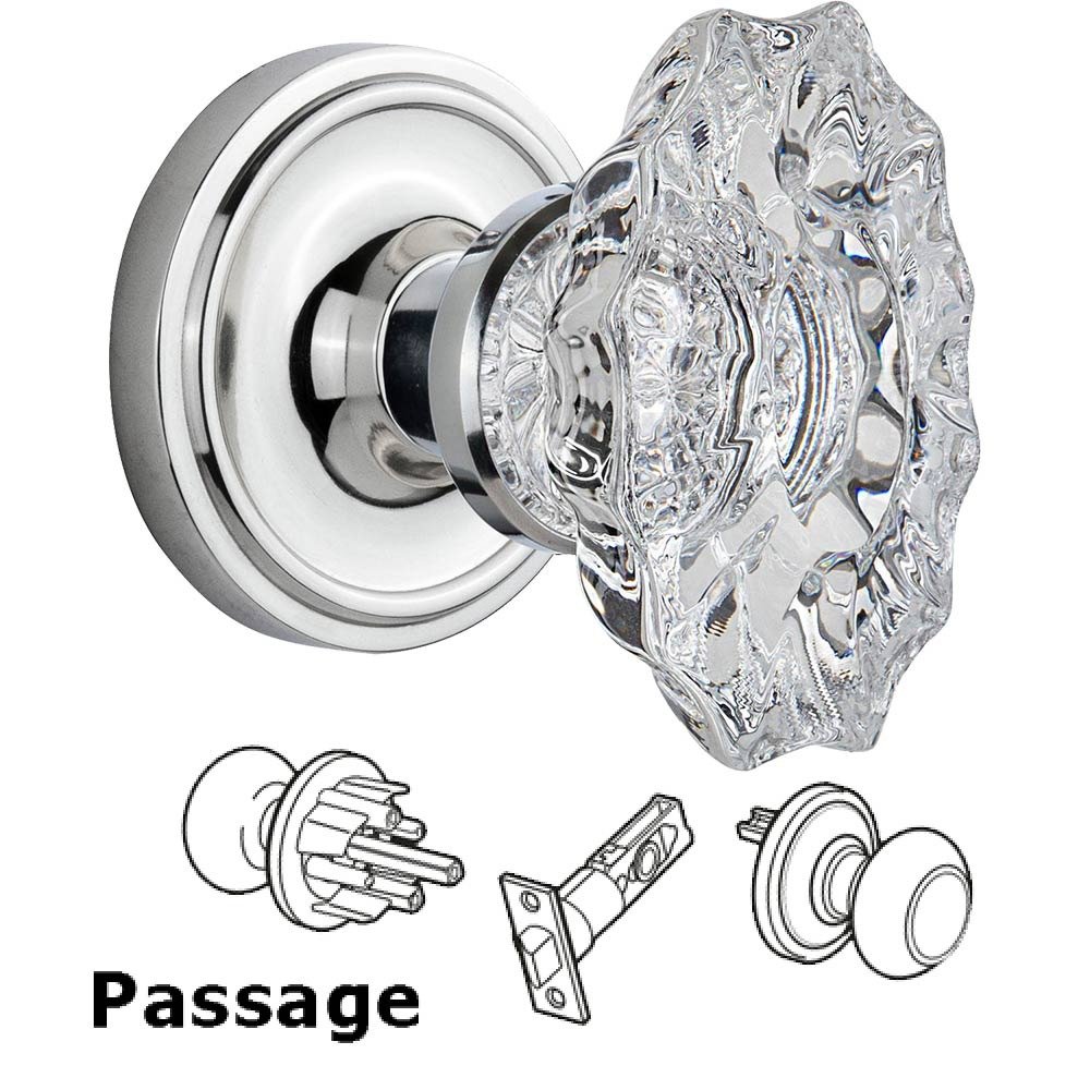 Nostalgic Warehouse Full Passage Set Without Keyhole - Classic Rosette with Chateau Crystal Knob in Bright Chrome