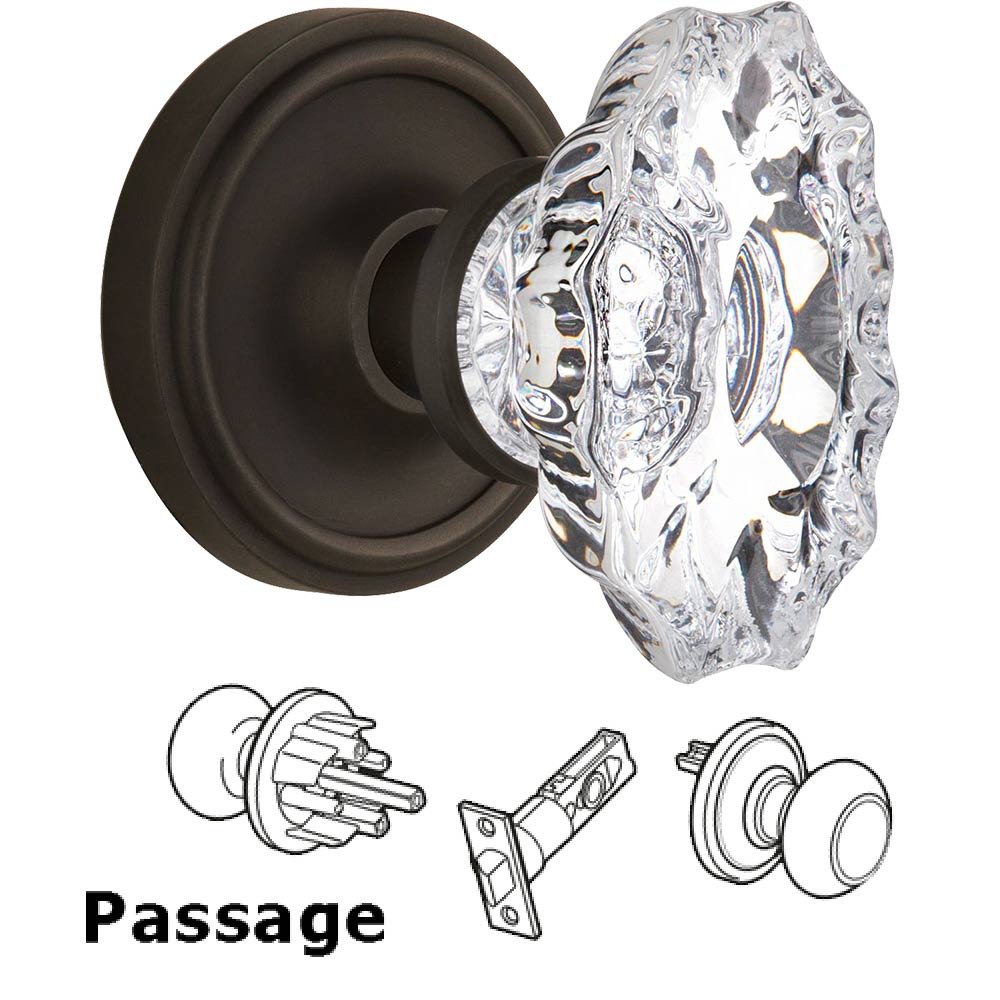 Nostalgic Warehouse Full Passage Set Without Keyhole - Classic Rosette with Chateau Crystal Knob in Oil Rubbed Bronze