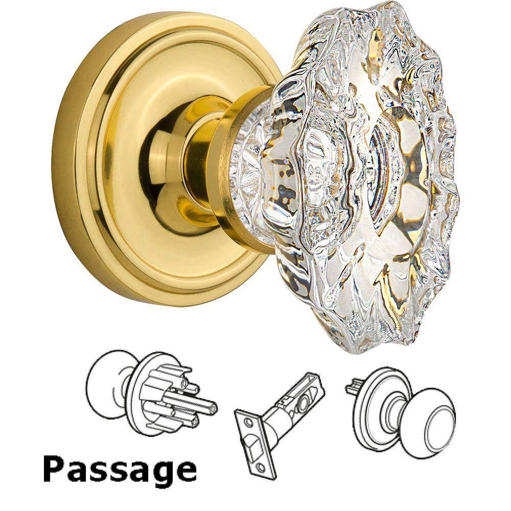 Nostalgic Warehouse Full Passage Set Without Keyhole - Classic Rosette with Chateau Crystal Knob in Unlacquered Brass