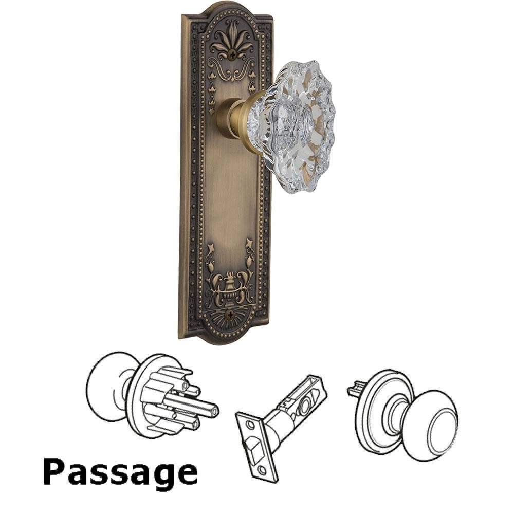 Nostalgic Warehouse Full Passage Set Without Keyhole - Meadows Plate with Chateau Crystal Knob in Antique Brass