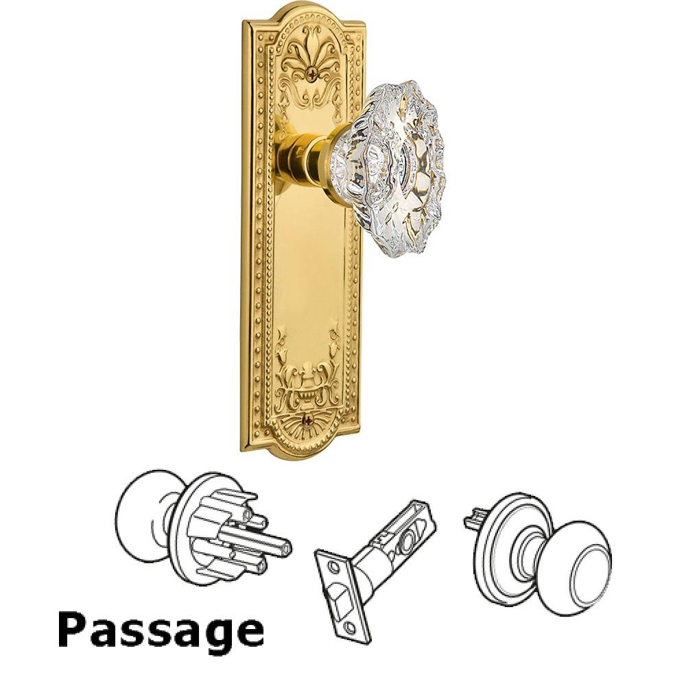 Nostalgic Warehouse Full Passage Set Without Keyhole - Meadows Plate with Chateau Crystal Knob in Polished Brass