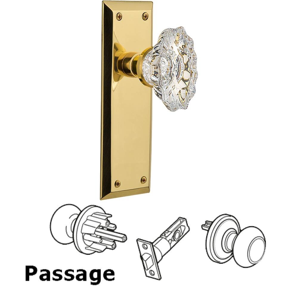 Nostalgic Warehouse Full Passage Set Without Keyhole - New York Plate with Chateau Crystal Knob in Polished Brass