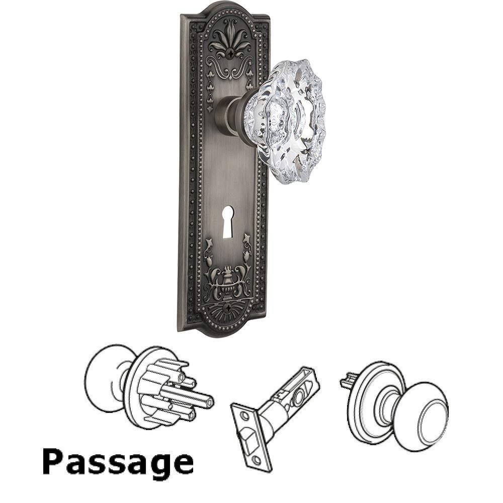 Nostalgic Warehouse Full Passage Set With Keyhole - Meadows Plate with Chateau Crystal Knob in Antique Pewter