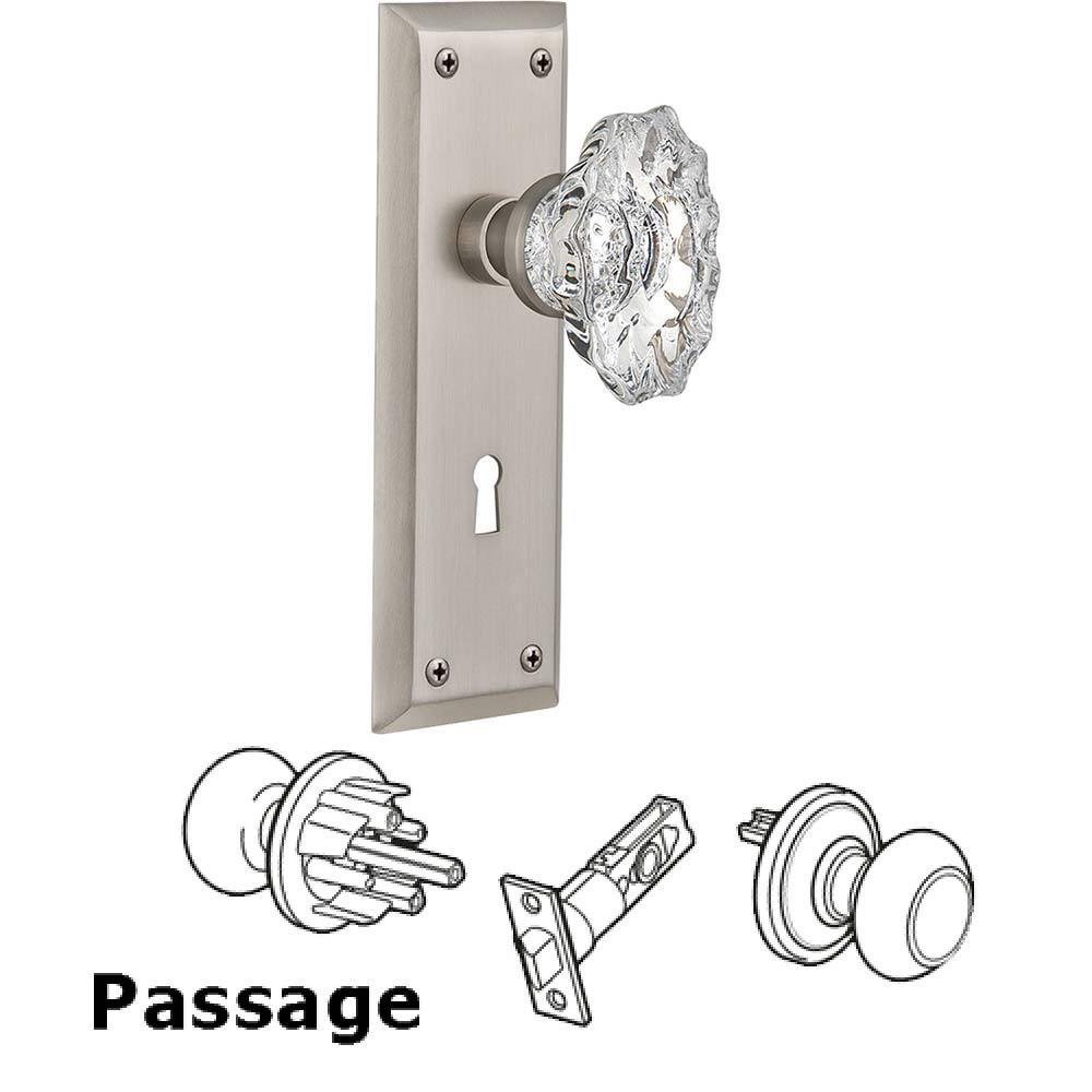 Nostalgic Warehouse Full Passage Set With Keyhole - New York Plate with Chateau Crystal Knob in Satin Nickel