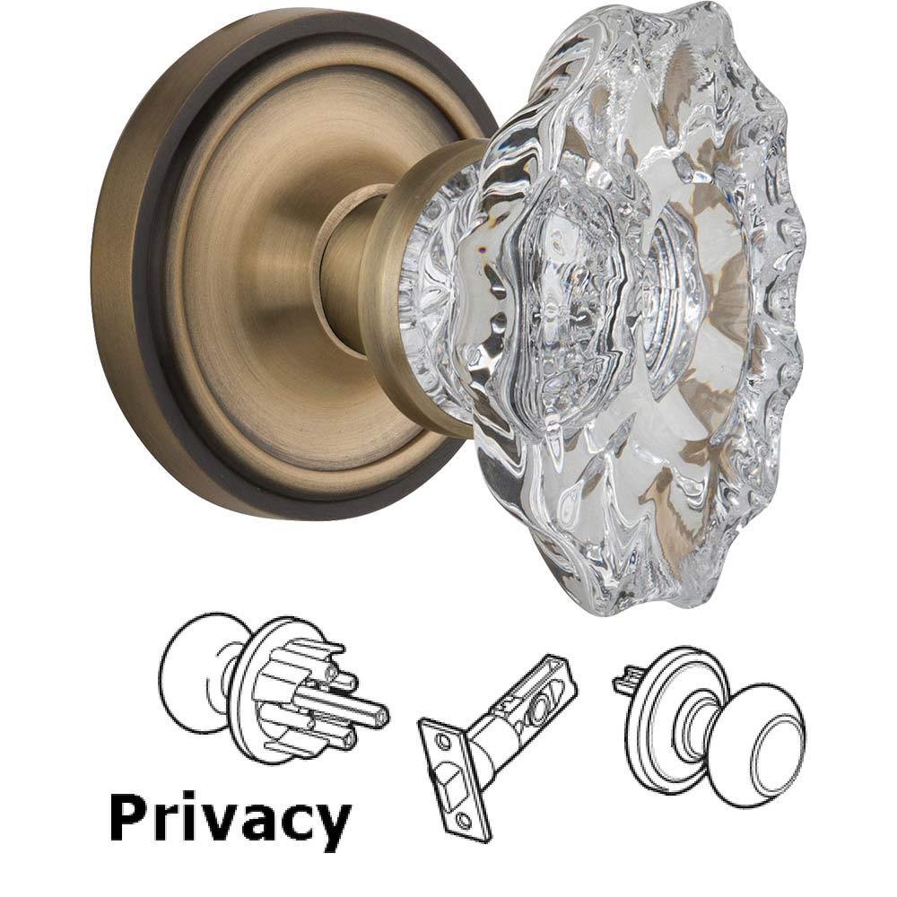 Nostalgic Warehouse Complete Privacy Set Without Keyhole - Classic Rosette with Chateau Crystal Knob in Antique Brass