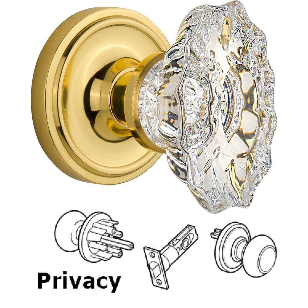 Nostalgic Warehouse Complete Privacy Set Without Keyhole - Classic Rosette with Chateau Crystal Knob in Polished Brass