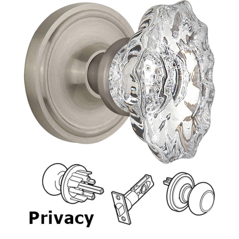Nostalgic Warehouse Complete Privacy Set Without Keyhole - Classic Rosette with Chateau Crystal Knob in Satin Nickel