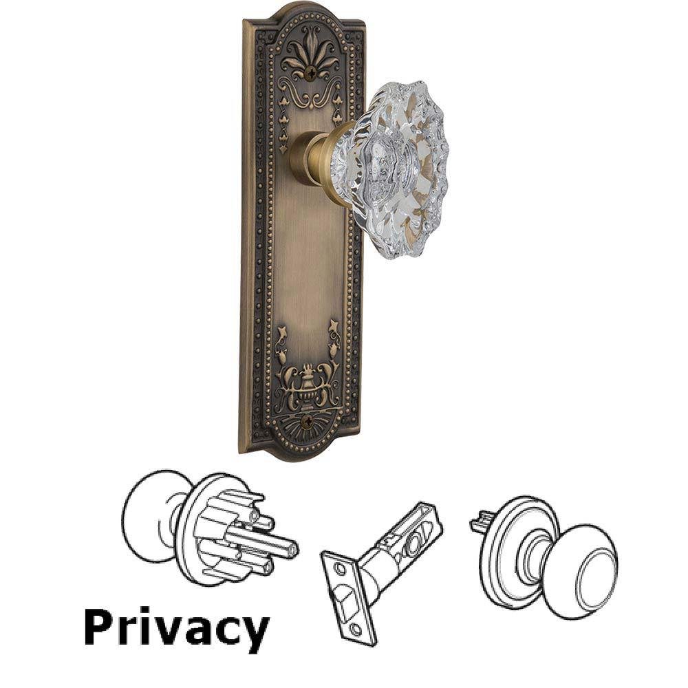 Nostalgic Warehouse Complete Privacy Set Without Keyhole - Meadows Plate with Chateau Crystal Knob in Antique Brass