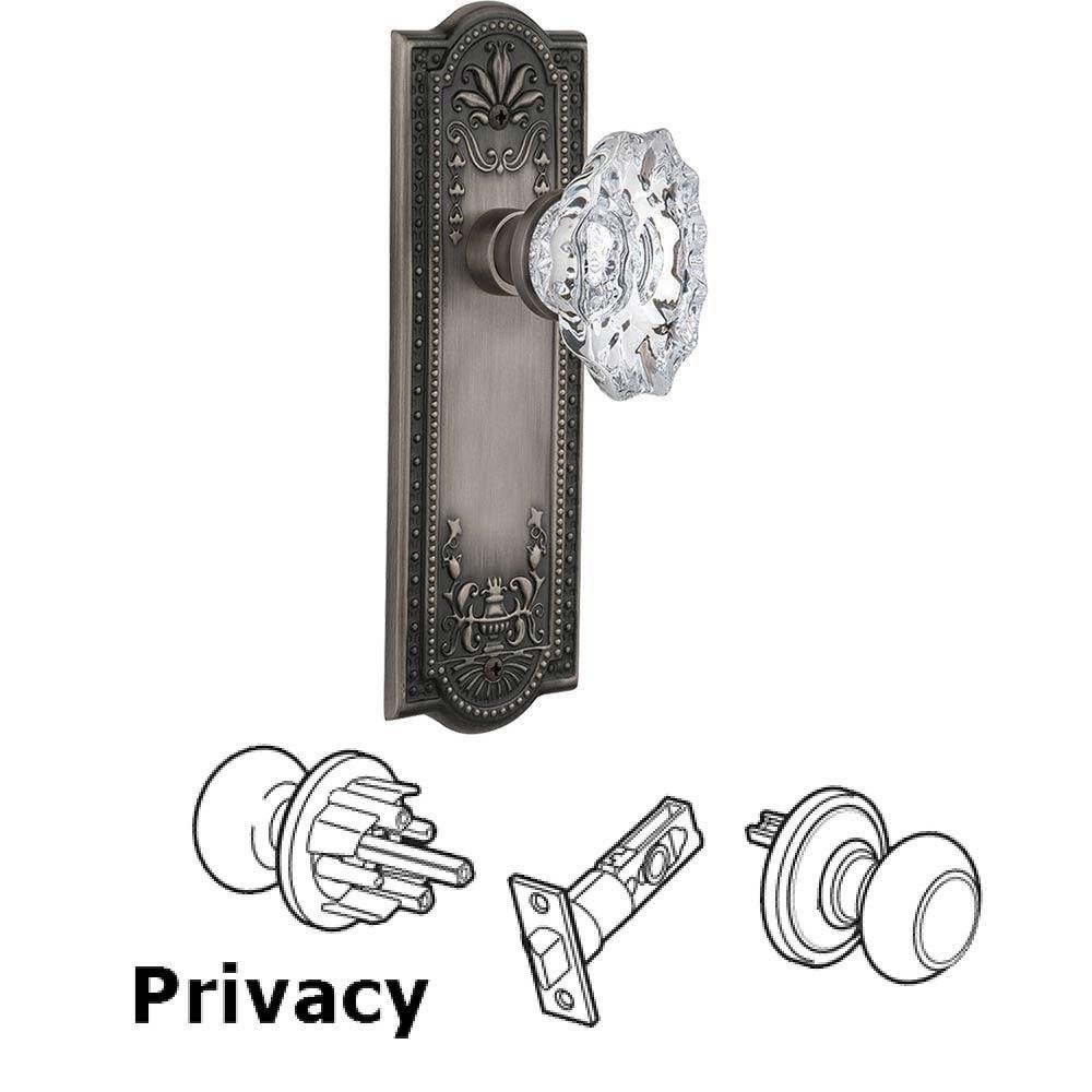 Nostalgic Warehouse Complete Privacy Set Without Keyhole - Meadows Plate with Chateau Crystal Knob in Antique Pewter