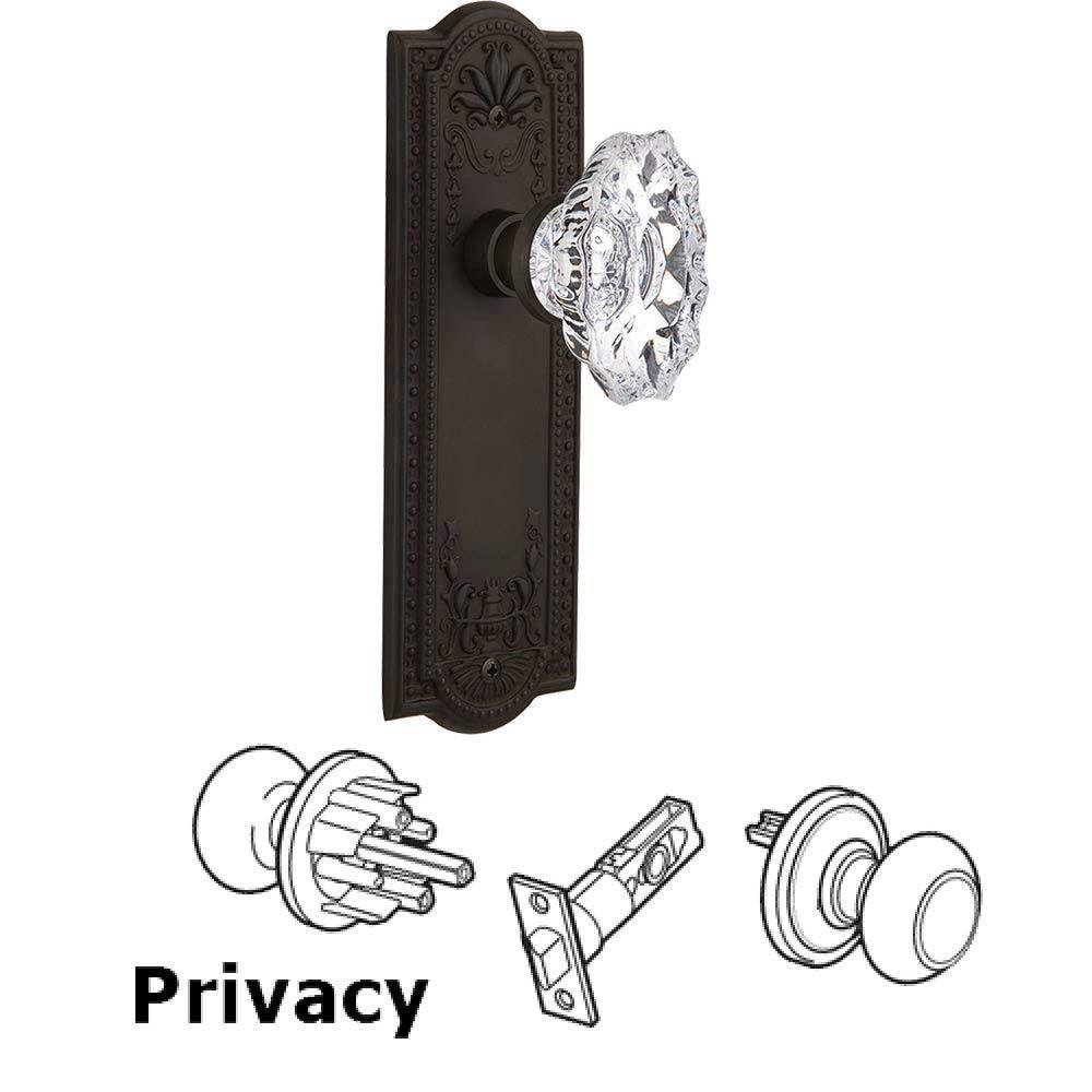 Nostalgic Warehouse Complete Privacy Set Without Keyhole - Meadows Plate with Chateau Crystal Knob in Oil Rubbed Bronze