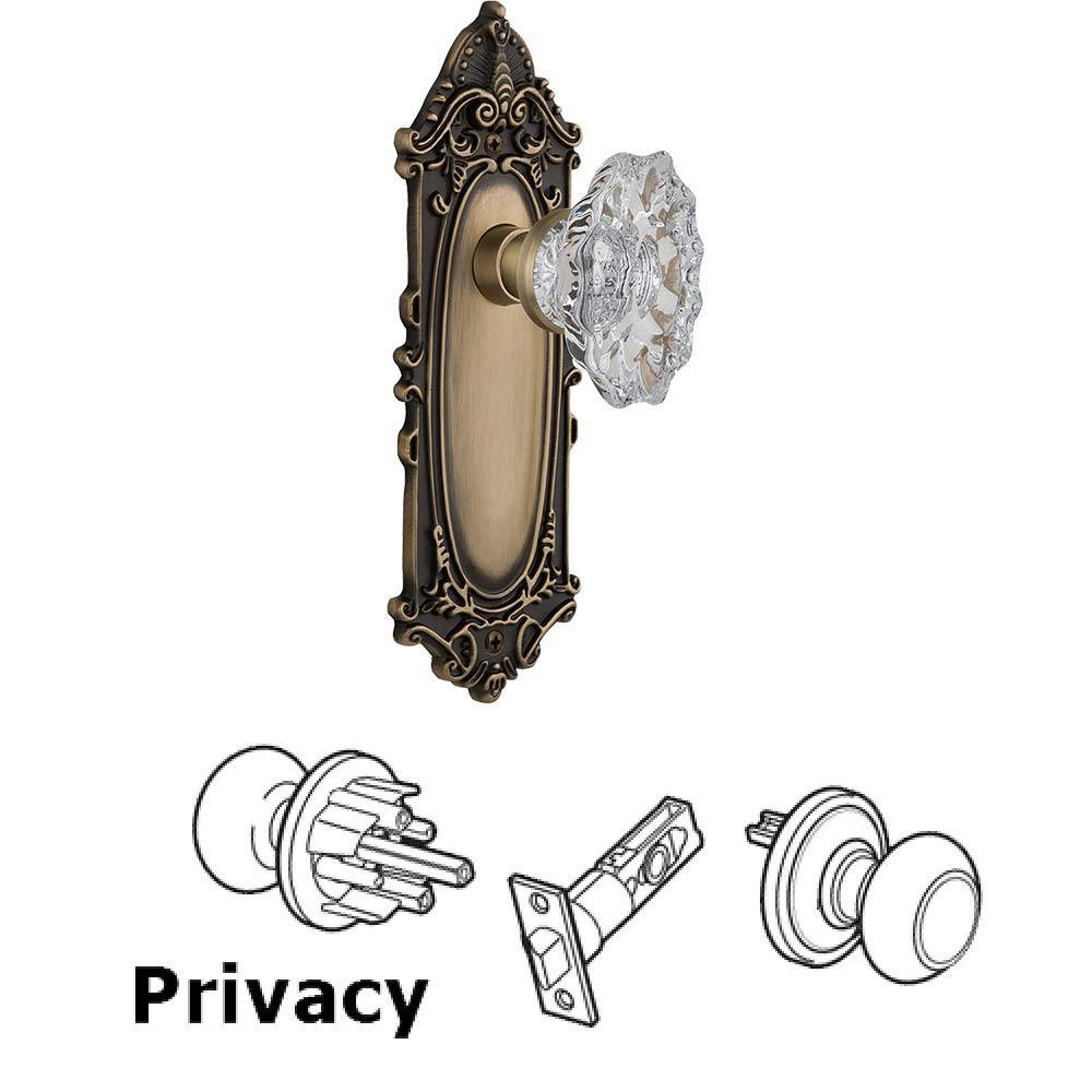 Nostalgic Warehouse Complete Privacy Set Without Keyhole - Victorian Plate with Chateau Crystal Knob in Antique Brass