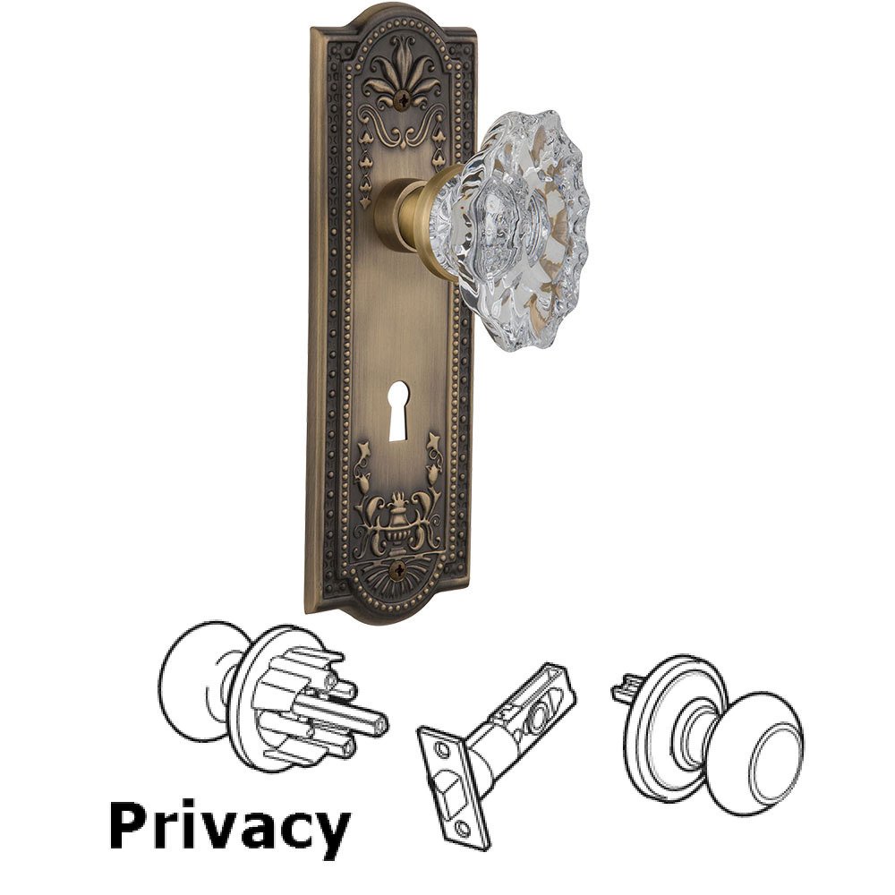 Nostalgic Warehouse Complete Privacy Set With Keyhole - Meadows Plate with Chateau Crystal Knob in Antique Brass